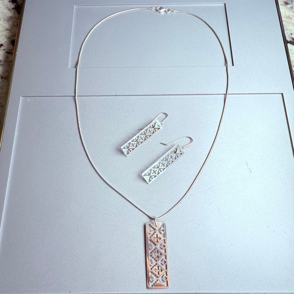 Native American Southwestern Motif Cutout Sterling Silver Earrings Necklace Set - Picture 3 of 7